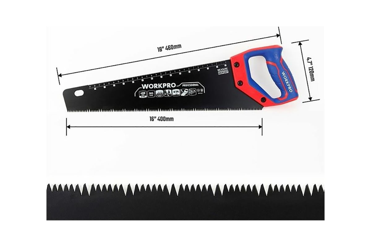 Ножовка WORKPRO 400мм SK5 7TPI тефлон/покрыт. WP215013 (дер)