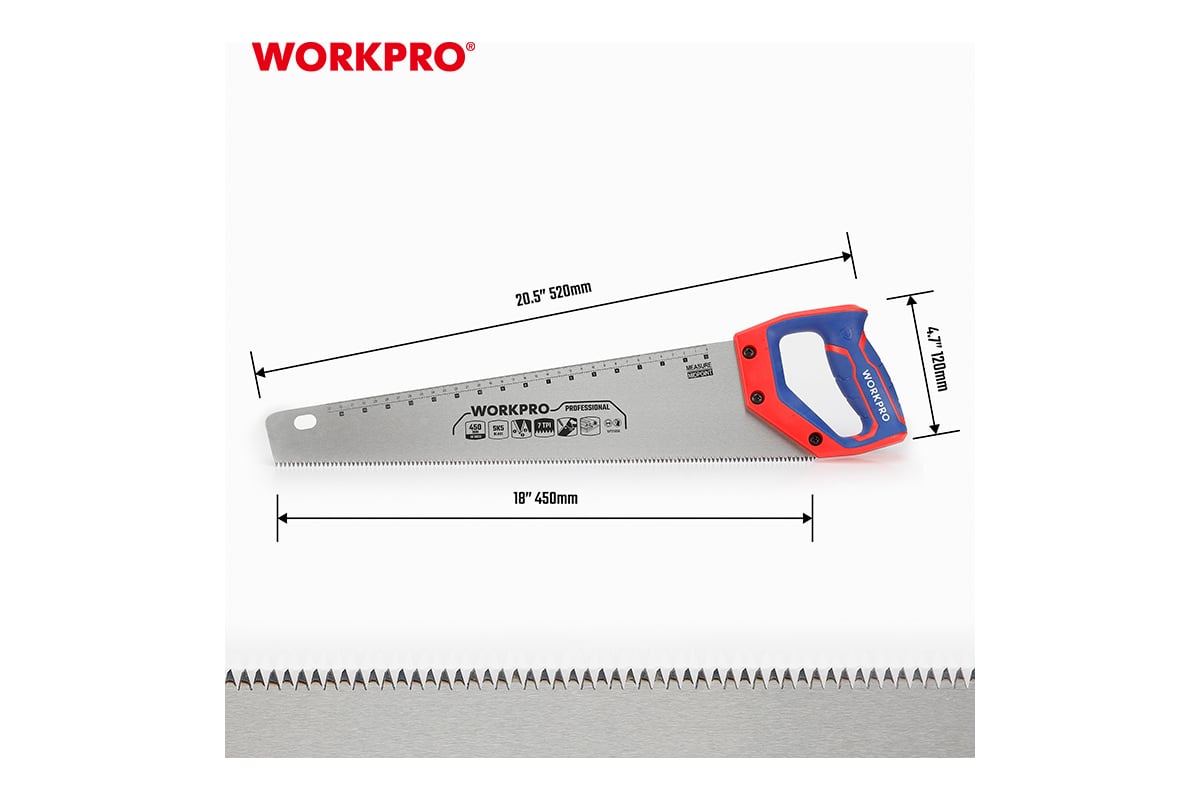 Ножовка WORKPRO 450мм SK5 7TPI  WP215006 (дер) 
