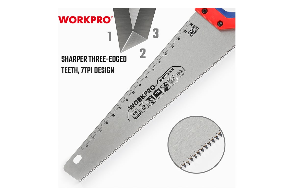 Ножовка WORKPRO 450мм SK5 7TPI  WP215006 (дер) 