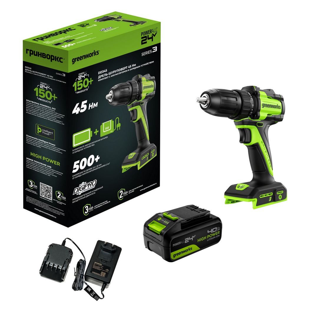 Дрель акк. GreenWorks DD345 24V, 4Ач и З/У бесщеточ. 3708307CUB