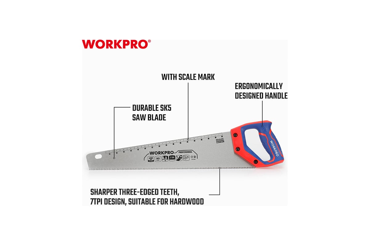 Ножовка WORKPRO 450мм SK5 7TPI  WP215006 (дер) 