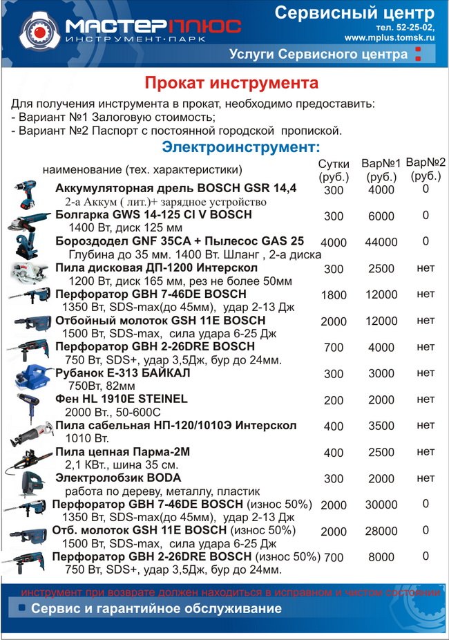 Прайс лист инструмента